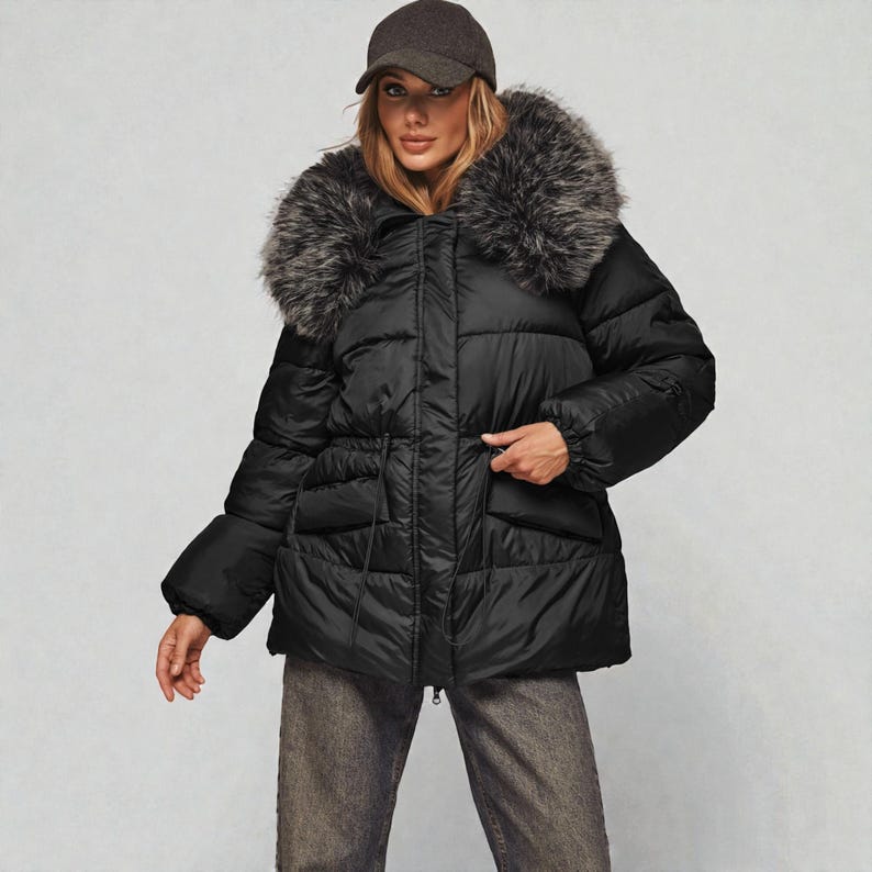 This premium winter collection features water-repellent polyester coats designed for extreme cold. Models include a quilted maxi jacket rated for -15°C with silicone 200 and bio-down puffers handling temperatures down to -20°C. Features include non-removable hoods, detachable fur, and adjustable drawstrings for a custom silhouette. Functional pockets and zip-and-button closures ensure a cozy winter outlook. Stay warm! ❄️🧥