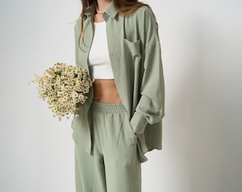 Crepe Palazzo Hose Set: Damen Langarmhemd & Palazzo Hose mit weitem Bein und hoher Taille