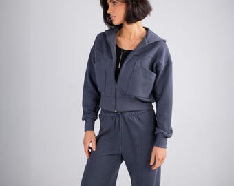 Hoodie und Palazzohose aus Graphit-Baumwolle für Damen im Set: Übergroße Damen-Jogginghose