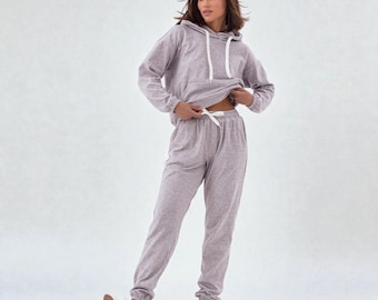 Gray Women's Jumpsuit: Oversized Zip Hoodie with Kangaroo Pocket and Joggers | Tracksuit for Women