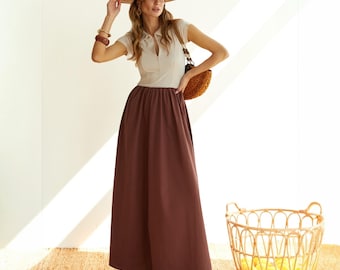 Kombiniertes Kleid mit elastischem Top und Baumwoll-Schlagrock, Kurzarm-Sommer-Outfit, Umlegekragen