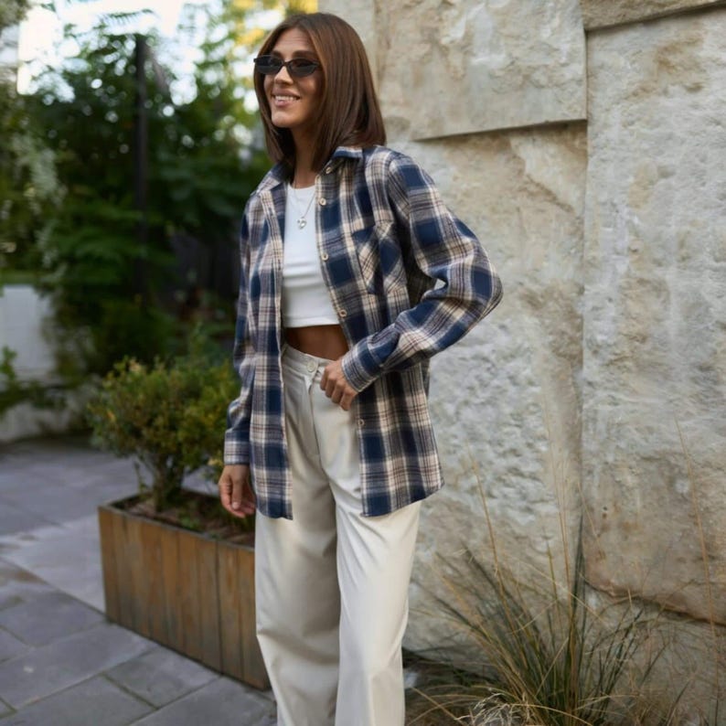 Women Checkered Flannel Shirt | Plaid Cotton Blouse | Damen Kariertes Oversized Wollhemd | Warm, Stylish and Comfortable Casual Shirt