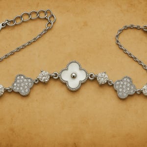 Mother of Pearl Clover Bracelet, Silver Flower Bracelet, Crystal Dainty, Sterling Silver, Bridesmaid Gift, Elegant Adjustable Gift for Her