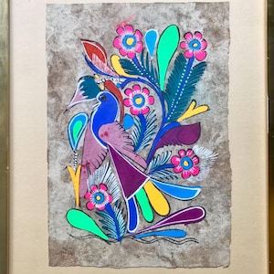 Vintage Mexican Amate Painting: 1970s Folk Art Birds & Flowers