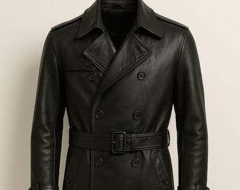 ブラックレザー トレンチコート ダブルブレスト メンズ ブラック ダブルブレスト レザー トレンチコート、メンズ