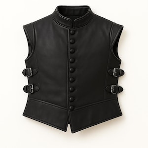 Black Real Leather Sleeveless Jerkin Vest with Side & Back Buckles – Adjustable Medieval Renaissance Style