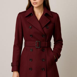 Handmade Burgundy Leather Trench Coat: Double Breasted Belted Outerwear