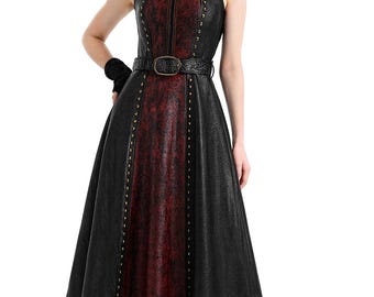 Gothic Black & Red Leather Maxi Dress: Studded Sleeveless Gown - Etsy