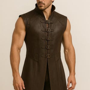 メンズ ノースリーブ 中世風レザーロングコート | 戦士ルネッサンスベスト | ゴシックファンタジーコスチューム | カスタムハンドメイド本革衣装