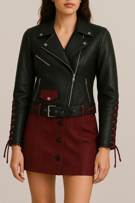 Real Leather Black Burgundy Biker Jacket With Lace-up Sleeves