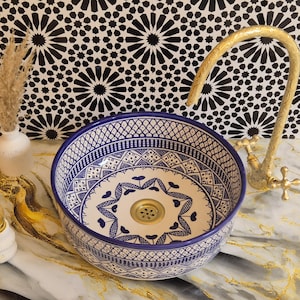 Handmade  Blue Ceramic Bathroom Sink  - Bathroom Vanity Centerpiece for Eco-Friendly Decor - Brass Drain Included