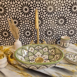 Handmade Moroccan Ceramic Sink – Traditional Green and Black Zellige Design – Artisan Bathroom Washbasin