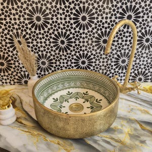 Green Bathroom Vessel Sink Brushed Solid brass - Handcrafted Ceramic Sink - Artisan Ceramic Basin