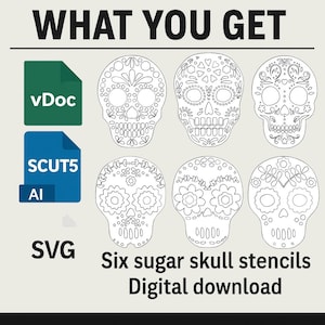 Sugar Skull Stencil Bundle – Digital Download | 6 SVG, AI, SCUT5, vDoc Files | Day of the Dead | DIY Plotter Stencil for Spray Paint