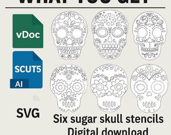 Sugar Skull Stencil Bundle – Digital Download | 6 SVG, AI, SCUT5, vDoc Files | Day of the Dead | DIY Plotter Stencil for Spray Paint