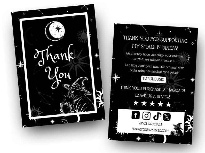 Witchy Cat Thank You Card Template: Celestial Business Insert (digital ...