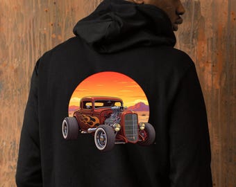 Rod Truck Desert Sunset Fleece Hoodie, Classic Car Lover Gift, Mechanic Gearhead Dad, Car Show Apparel, Unisex Hooded Sweatshirt