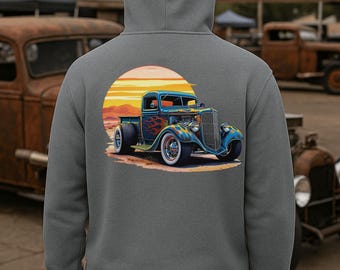 Hot Rod Truck Desert Sunset Fleece Hoodie, Classic Car Lover Gift, Mechanic Gearhead Dad, Car Show Apparel, Unisex Hooded Sweatshirt