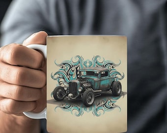 Vintage hot rod-koffiekop: retro rattenstaaf met krijtstreep, cadeau monteur