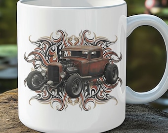 Vintage hot rod-koffiekop: retro krijtstreep rattenstaaf, keramische mok van 11 oz