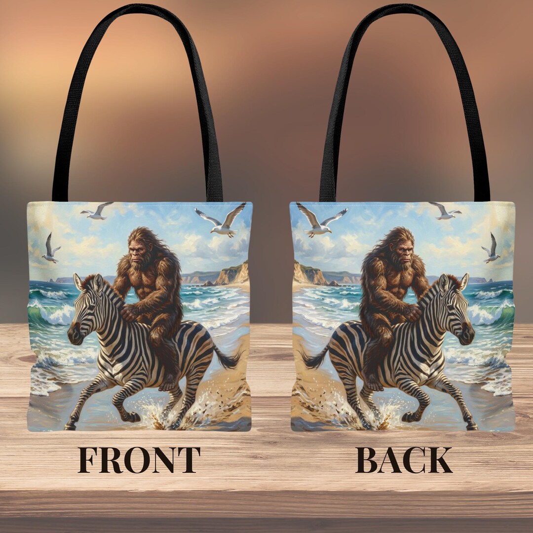 Sasquatch Riding Zebra Bigfoot Zebra Beach Tote Bag | Funny Sasquatch Ocean Bag | Coastal ...