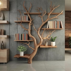Estantería RootCraft con forma de árbol / Librería de pared hecha a mano con madera flotante