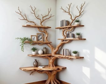 Estante de canto em forma de galho de árvore, decoração para casa, estante de chão, arte para parede, decoração para casa.