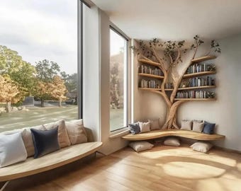 Rustic Tree Branch Floating Corner Shelf – Handmade Pine L-Shaped Wall Shelf, Natural Wood Corner Bench, Rustic Home Decor