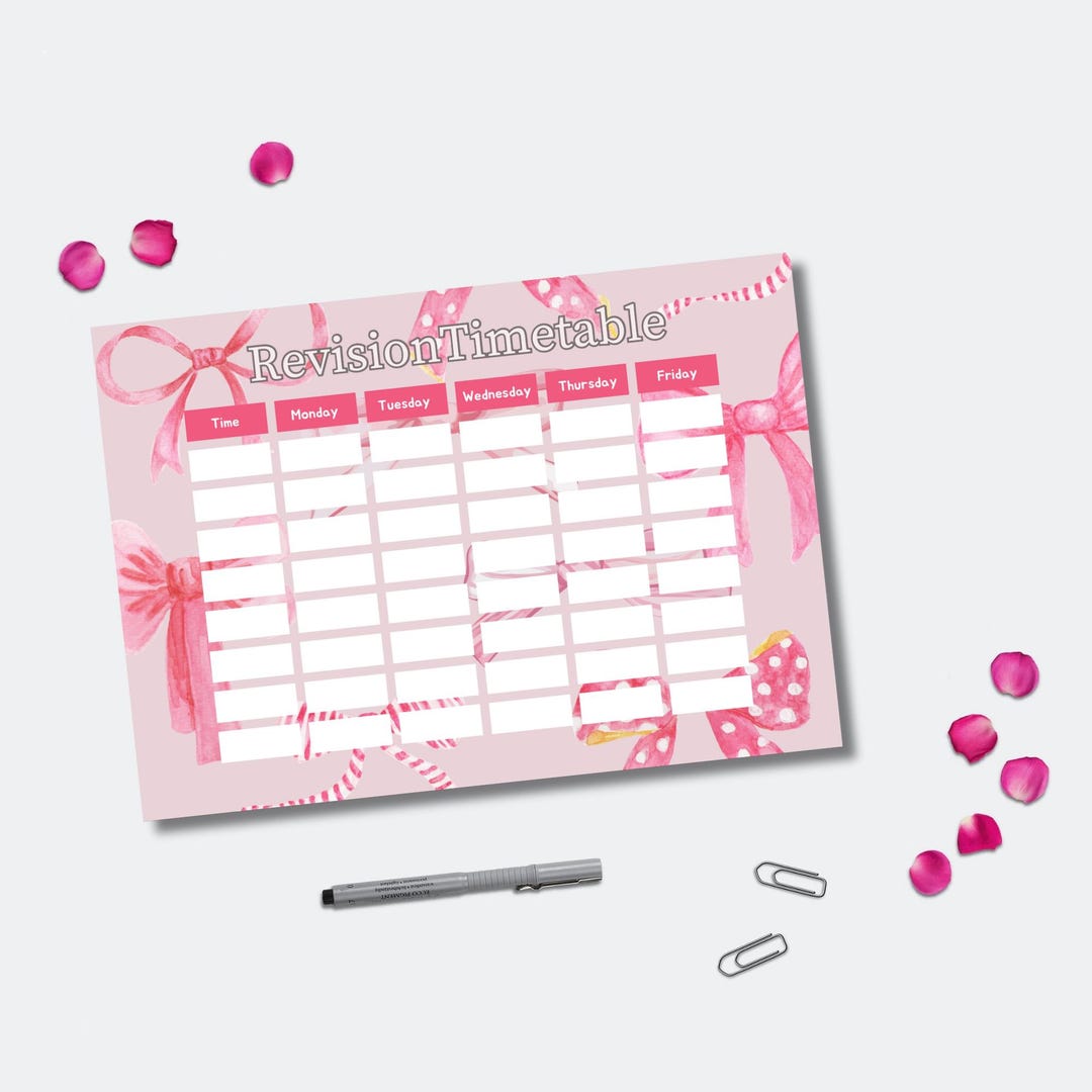 Pink Study Timetable Editable Cute Pink Bow Revision Timetable | Printable Study Planner for Girls ...