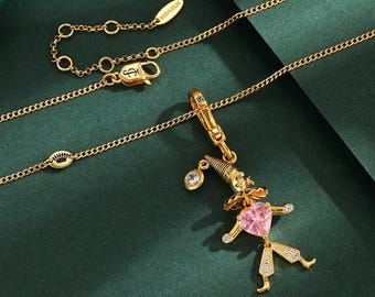 Juicy Couture Beweglicher Clown Anhänger Halskette mit Rosa Herz & Kristall Akzente
