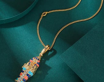 Egyptian Sarcophagus Pendant with Mummy Charm Necklace – Gold & Enamel Detail, Ancient Pharaoh-Inspired Jewelry