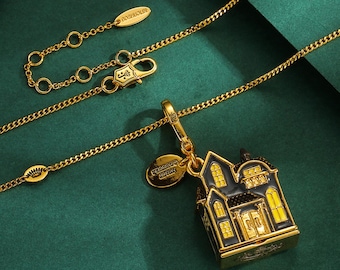 Enamel Pumpkin House Locket Necklace with Secret Interior