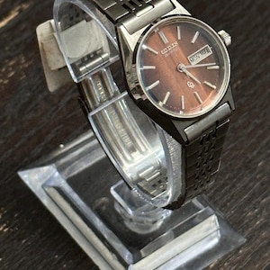 May include: A vintage Citizen Quartz watch with a brown face and a silver-tone metal band. The watch displays the day and date. The watch is displayed on a clear plastic stand.