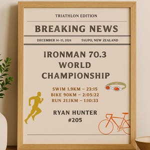 Personalized Triathlon Poster Digital Download | Custom Race Stats | Ironman 70.3 or Full | Finisher Gift for Athletes | Newspaper Style