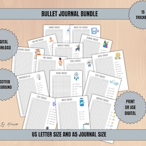 May include: A collection of printable bullet journal trackers, including shower, weight loss, and mood trackers. The bundle includes 15 trackers and is available in US Letter and A5 journal sizes. The text "Bullet Journal Bundle" is at the top.