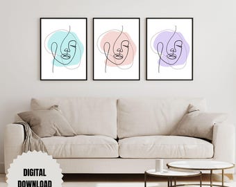 May include: Three framed art prints featuring minimalist line drawings of faces. Each print has a black frame and a colorful background: blue, pink, and purple. The phrase "DIGITAL DOWNLOAD" is visible in a white circle at the bottom left.