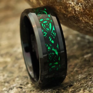 Black Tungsten Celtic Dragon Ring: Green Carbon Fiber Inlay, Comfort Fit,
