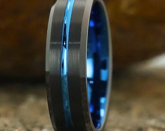 Black & Blue Tungsten Ring: Dual-Tone Brushed Wedding Band,