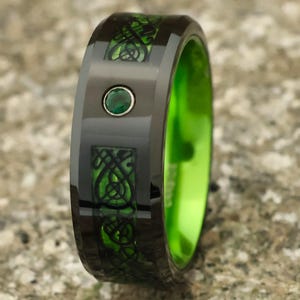 Celtic Dragon Inlay Tungsten Ring: Black & Green 8mm Beveled Wedding Band, Promise, Husband Gift