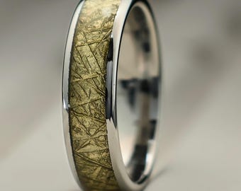 Tungsten Meteorite Inlay Ring: 6mm Comfort Fit Wedding Band, Silver, Personalized, Minimalist, Anniversary