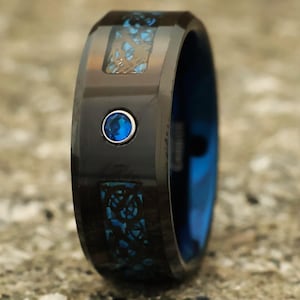 Blue Celtic Dragon Tungsten Ring: Black Men&#39;s Wedding Band