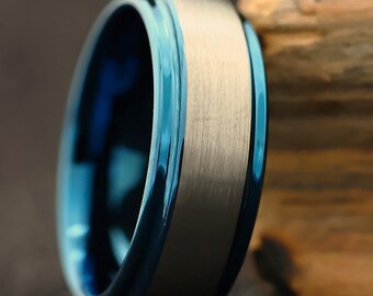 Alliance en tungstène bleu brossé : bague confortable bicolore, minimaliste, personnalisée