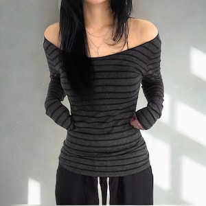Y2K Off-Shoulder Striped Long Sleeve Top: Korean Streetwear Tee gothic emo