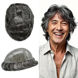 Mens Toupee Human Hair Replacement System Full Poly PU 0.10MM Durable Hairpiece For Men Black Grey Brown Grey Mens Hair Piece Wig