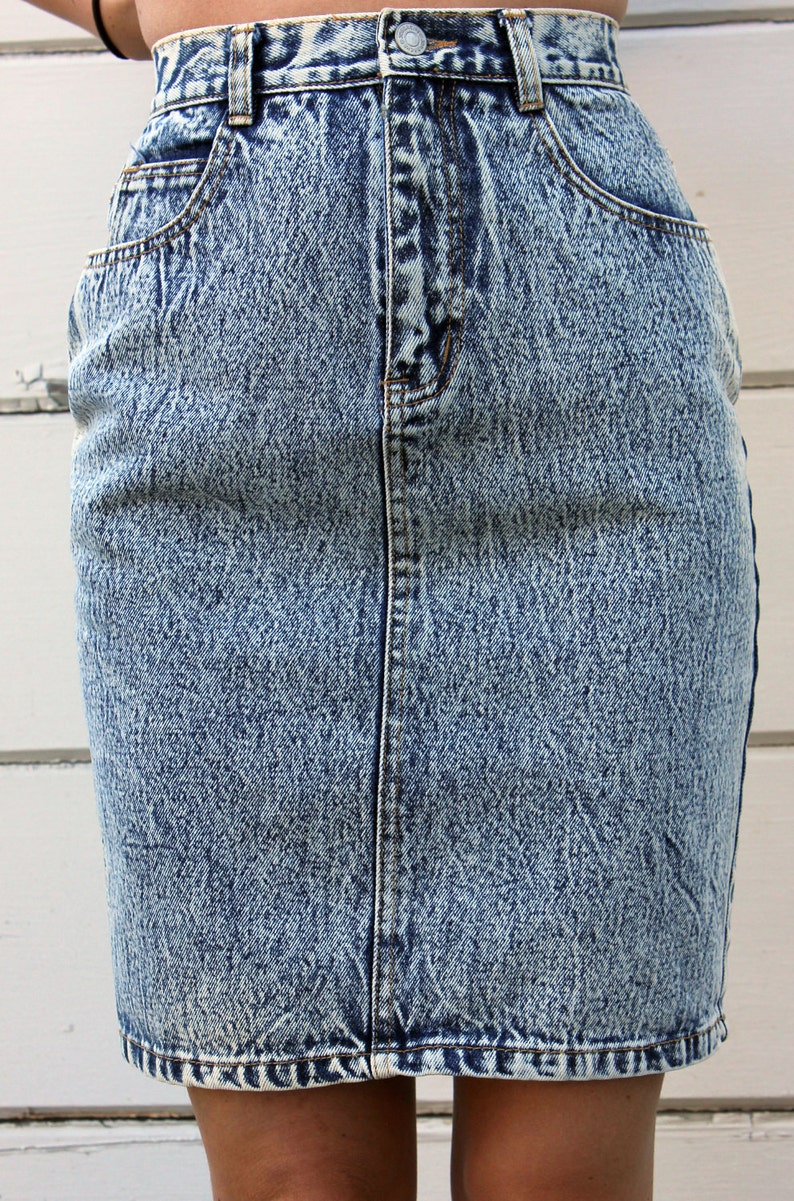 80s high waist JEAN SKIRT acid wash with bows XS c470 Etsy