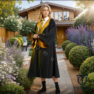 Yellow and Black Wizard Robe with Tie – Adult Unisex Magic School Costume for Halloween, Cosplay, LARP, Fantasy Parties and Themed Events