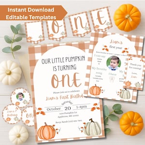 リトルパンプキン1歳の誕生日招待状セット：秋のパーティーデコレーション（Canvaテンプレート - デジタルダウンロード）