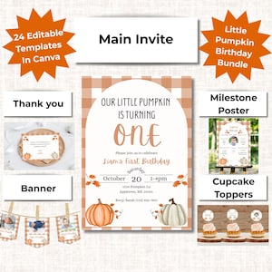 リトルパンプキン1歳の誕生日招待状セット：秋のパーティーデコレーション（編集可能なCanvaテンプレート）