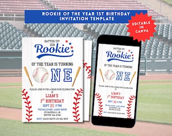 Puede incluir: Plantilla de invitación de cumpleaños con temática de béisbol. El diseño presenta una pelota de béisbol, bates y el texto "Rookie of the Year is Turning One". La invitación se muestra sobre un fondo blanco y una pantalla de teléfono inteligente.