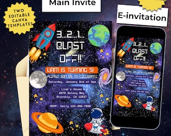 Invitación para fiesta de cumpleaños espacial, invitación con cohetes y planetas, plantilla editable de Canva, temática de galaxia y espacio exterior, descarga de invitación de astronauta